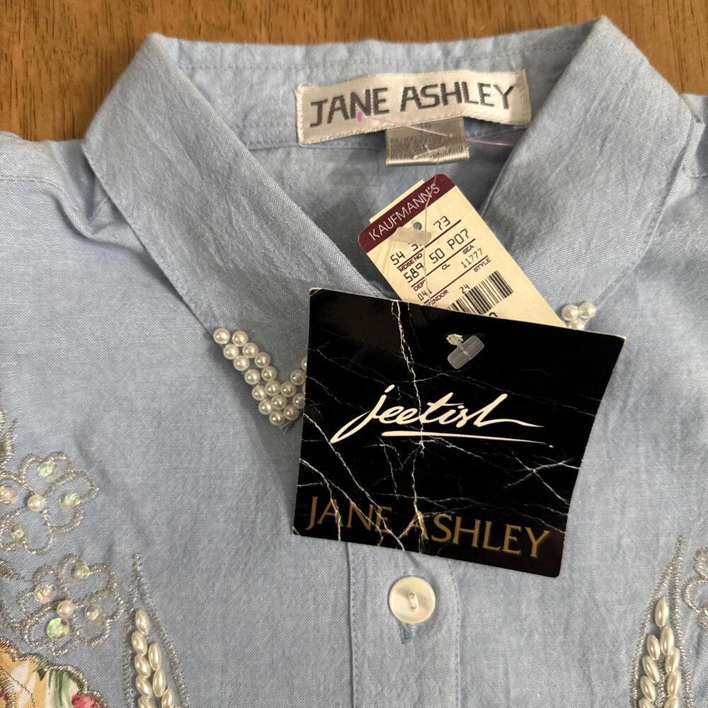 VTG Jane Ashley Chambray Shirt Womens M Denim Floral Beaded Western Cowgirl NWT - Picture 3 of 8